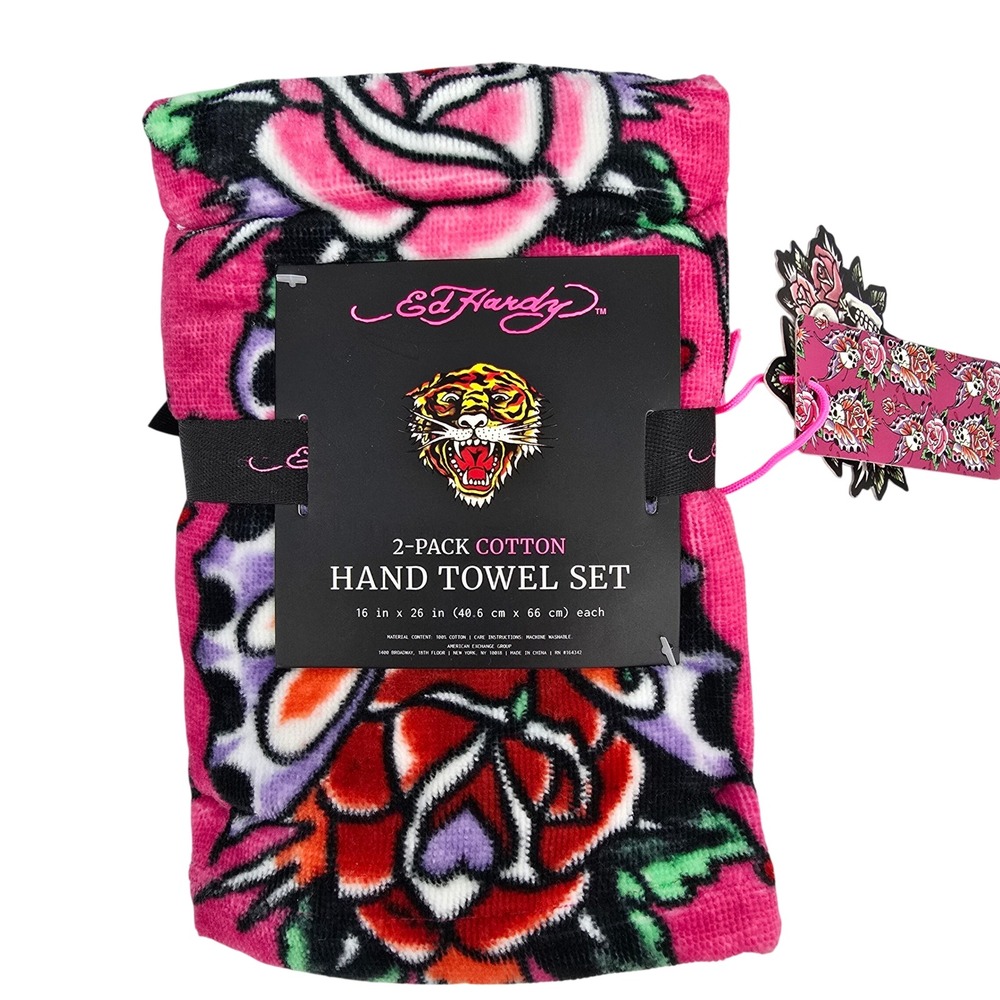 Ed Hardy 2 Pack Cotton Hand Towel Set Pink Tattoo Rose Tiger Print New